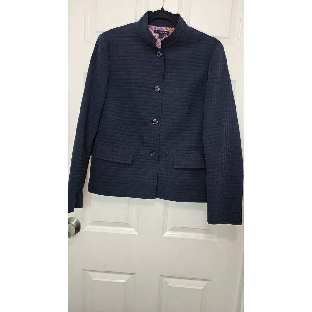 Lands End Quilted Jacket Womens 8 Navy Blue Grid Texture Paisley Lined Blazer